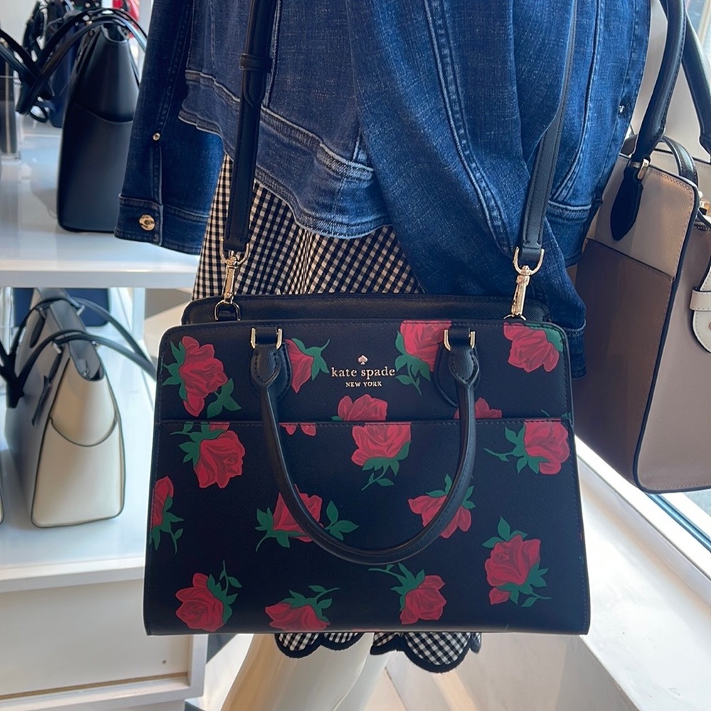 Kate Spade Madison Safiano Leather Medium Rose Toss Print Satchel Handbag 
NWT